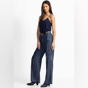 Johnny Was Navy Wide Leg Jeans with Embroidery